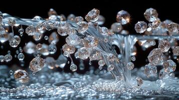 A dramatic freeze-frame of diamonds cascading with splashes against a black backdrop photo
