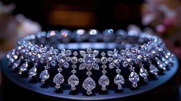An elegant display of a diamond necklace captured through close-up imagery photo