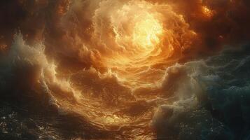 The sea transformed into a fiery inferno by the catastrophic atomic blast photo