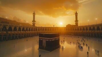 The sacred Kaaba illuminated by the warm hues of twilight's glow photo