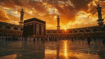 Peaceful twilight casting its glow on the Kaaba and praying pilgrims photo