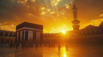A serene view of the Kaaba bathed in twilight's golden radiance photo