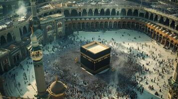 A sacred glimpse of pilgrims worshiping around the Kaaba captured from above photo