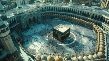 Pilgrims engaging in reverent worship while circulating the Kaaba from an aerial view photo