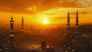 Twilight's golden light enveloping the Kaaba with devoted pilgrims praying photo