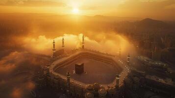 The Sacred Beauty of the Kaaba Bathed in Gentle Tower Light photo