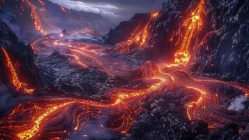 Magnificent Bird's Eye View of Lava Flowing Across Volcanic Fields photo