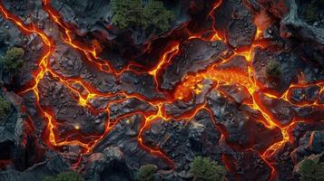 Top-Down Perspective on Magma Flowing Through Volcanic Wilderness photo