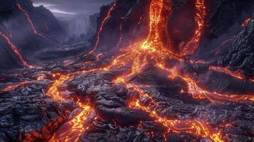 Captivating Top Perspective of Glowing Magma Flow in Volcanic Scenery photo