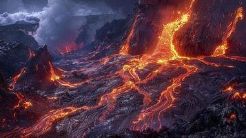 Overhead Vision of Molten Magma Winding Through Volcanic Surroundings photo
