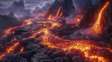 Aerial Highlight of Fiery Magma Stream in Rugged Volcanic Landscape photo