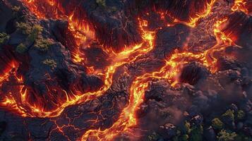 An Aerial Perspective of Molten Lava Shaping a Fiery Path photo