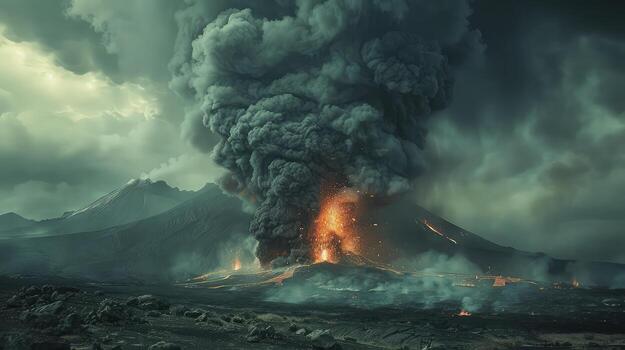 Massive Volcano Exploding with Fiery Lava and Dark Smoke in a Cataclysmic Eruption photo