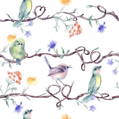 Tree branches with tiny birds, watercolor floral elements on seamless pattern isolated. Delicate flowers and cute little birds on tree hand drawn design on repeated background for home textile
