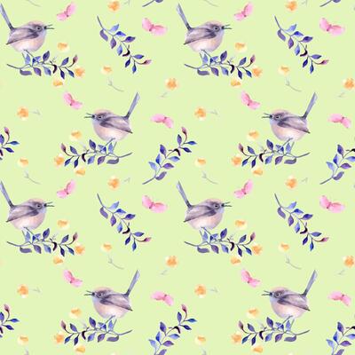 Small round bird in pastel purples on branch watercolor seamless pattern isolated. Repeated background with tiny bird butterfly and flower sketch hand drawn. Bird nature art design for wallpaper