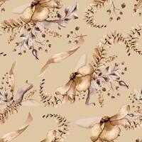 Palm leaves, abstract flowers and stems in sepia colors on seamless background. Pattern with flowers monochrome in watercolor brown color. Fantasy branches hand drawn. Design for textile, package. vector