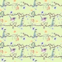 Tree branches with tiny birds, watercolor floral seamless pattern isolated. Delicate flowers and cute little birds on tree hand drawn design on repeated background for home textile vector