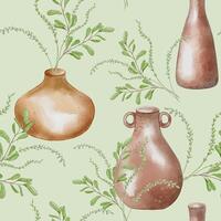 Pottery and green foliage hand drawn seamless pattern. Vases handcrafted with botanical arrangement in watercolor isolated. Handmade clay jug with leaves and stems. For textile on ceramics themes. vector