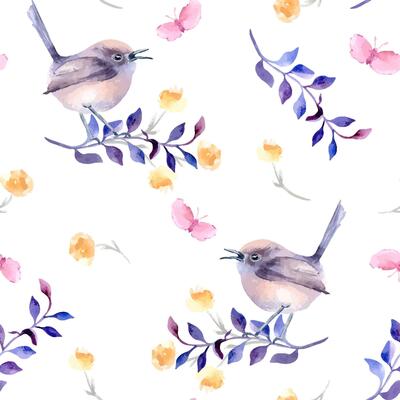 Small bird in pastel purples on branch watercolor seamless pattern isolated. Repeated background with tiny bird butterfly and flower sketch hand drawn. Bird nature art design for wallpaper