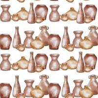 Tableware ceramic handcrafted hand drawn in beige tone watercolor seamless pattern isolated. Pottery various shape and size stand in a row. Ornament design with jugs for textile, package. vector