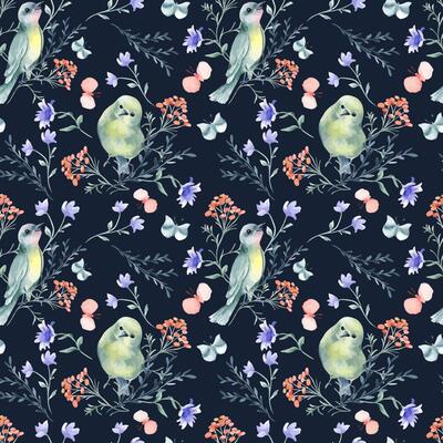 Tiny birds green yellow colors and floral elements watercolor seamless pattern isolated. Pink butterflies, cute birdies and simple flowers in botanical sketch on repeated background for textile