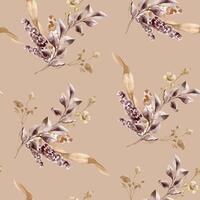 Monochrome dryed herbs in sand tone hand drawn by watercolor seamless pattern. Design background with Abstract leaves on branch in maroon color. Design of textile, package, printed products. vector