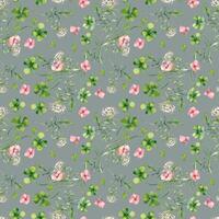 Seamless floral pattern with flowers, clover and white wildflowers watercolor isolated. Realistic spring plants hydrangea, shamrock on repeated background hand drawn. Botanical design for textile vector
