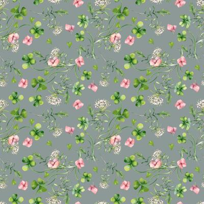 Seamless floral pattern with flowers, clover and white wildflowers watercolor isolated. Realistic spring plants hydrangea, shamrock on repeated background hand drawn. Botanical design for textile
