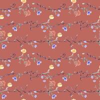 Horizontal seamless tree branches and floral elements watercolor pattern isolated. Twigs on repeated background with delicate blue red flowers hand drawn. Nature wallpaper with simple botanical art vector