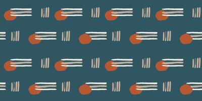 Minimalist abstract seamless pattern with hand drawn brush strokes geometric shapes terracotta elements on dark blue background modern textile wallpaper wrapping digital print home decor horizontal vector