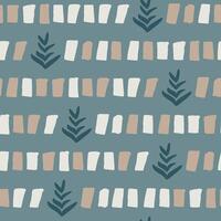 Seamless abstract pattern with hand-painted brush strokes and botanical leaves in beige and white on muted blue background, artistic minimalistic digital design for textile, wallpaper, decor square vector