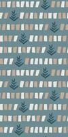 Vertical Seamless abstract pattern with hand-painted brush strokes and botanical leaves in beige and white on muted blue background, artistic minimalistic digital design for textile, wallpaper, decor vector