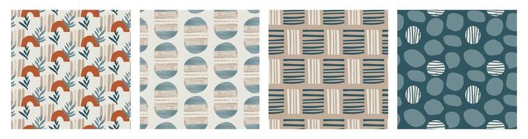 Seamless abstract geometric pattern set with earthy tones featuring organic shapes, textured lines, hand-drawn elements, contemporary boho style, modern Scandinavian aesthetic, minimalist artistic vector