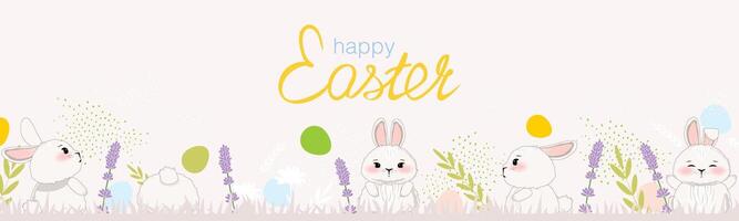 Spring header featuring sweet rabbits, pastel eggs, and elegant Happy Easter typography in yellow script vector