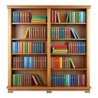 Library bookshelf icon with stacked books home office digital asset cozy environment front view knowledge concept png
