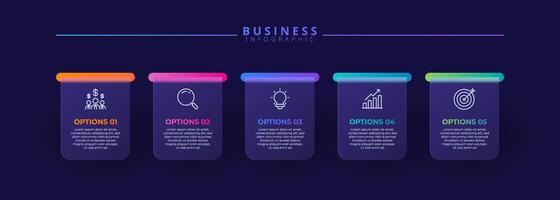 Infographic label design template featuring icons and five distinct steps. Ideal for process charts, presentation slides, workflow schemes, banners, flow diagrams, and data visualizations vector