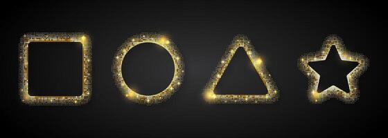 Glittering gold frames with sparkling effects. Shiny decorative borders for festive designs, party invitations, or holiday greetings. Elegant and luxurious style. vector