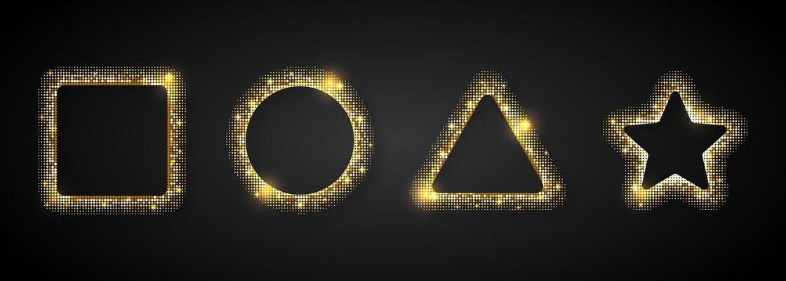 Glittering gold frames with sparkling effects. Shiny decorative borders for festive designs, party invitations, or holiday greetings. Elegant and luxurious style.