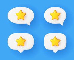 Set of 3D yellow star rating inside a white speech bubble. Realistic customer review symbol representing top service and positive feedback. vector