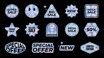 Collection of holographic stickers for sale. Colorful shiny labels in various geometric shapes with iridescent foil effect. Bright neon tags and emblems vector