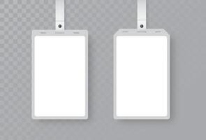 White lanyard with blank ID card holder. Realistic mockup for badge design, event pass, or access card presentation. Simple and clean template. vector