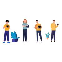 Four people using digital devices in a casual setting vector