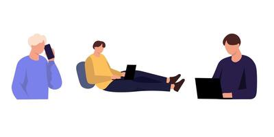 Diverse Ways to Work Three individuals engaged in different work tasks. vector