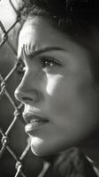 A woman is looking through a chain link fence photo
