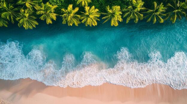 parte superior ver de tropical playa con palma arboles y olas foto