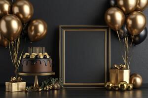 Golden birthday cake with gold balloons and frame on black background 3d rendering photo