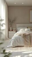 A clean bedroom with a bed and a white chair photo