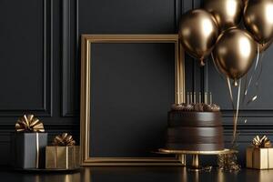 Golden birthday cake with balloons and gift boxes on a black background photo