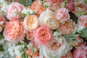 A close up of a bouquet of pink and orange roses photo