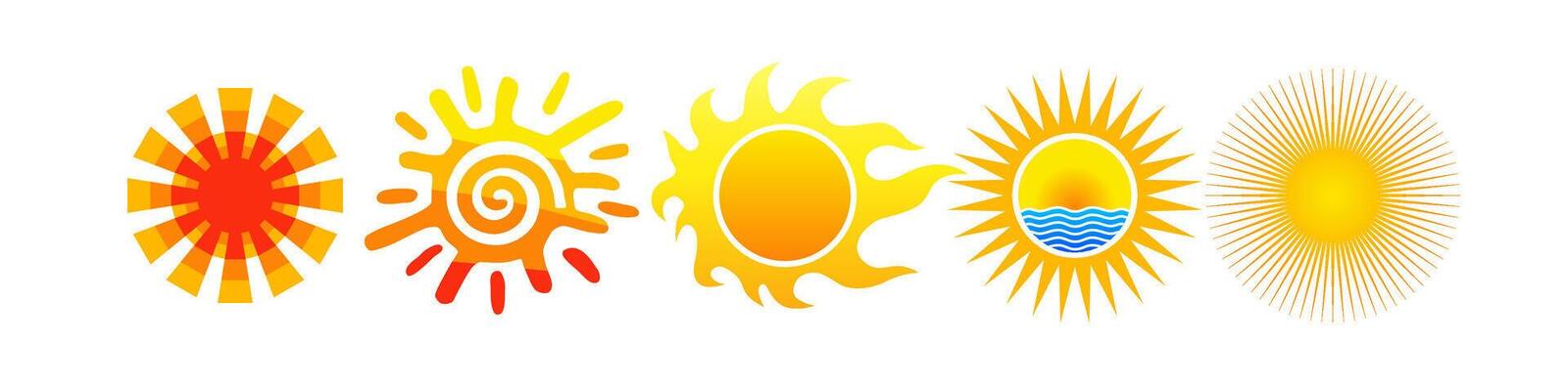 Set of creative Sun shapes. Artistic sun concept. Branding idea. Yellow and orange sunrise or sunset elements. Sunshine isolated design. Cartoon element. Flat silhouette and 3D template.
